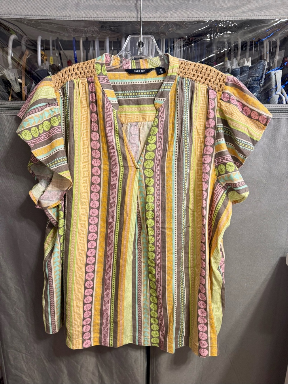 Studio Park Brown Multicolor Geometric Striped Top-XL